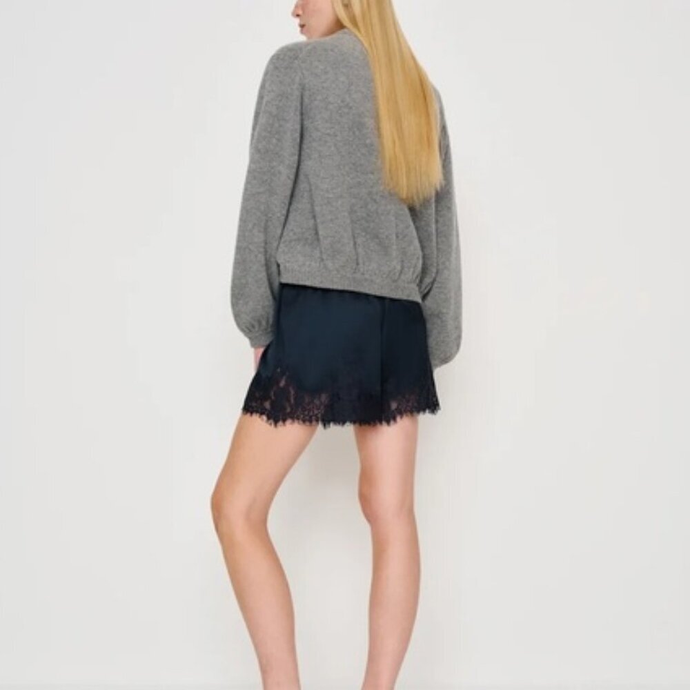 NEW Reformation Fern Midnight Navy Lace Trim Satin Shorts Elastic Waist | US S - Picture 4 of 11